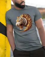 Majestic Golden Tiger Head Ornamental Art Graphic T Shirt - model wearing grey tee, leaning on column