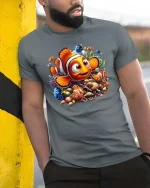 Cute Clownfish Ocean Friends Cartoon Underwater Adventure T Shirt - model wearing grey tee, leaning on column