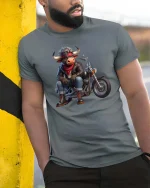 Cool Biker Bull Riding Motorcycle Rebel Cartoon Graphic T Shirt - model wearing grey tee, leaning on column