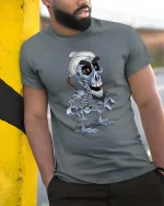 Funny Robot Skull Cartoon Sci Fi Cyborg Graphic T Shirt - model wearing grey tee, leaning on column