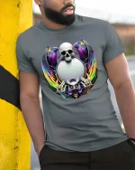 Mystic Skull With Owl and Rainbow Wings Gothic Art T Shirt - model wearing grey tee, leaning on column