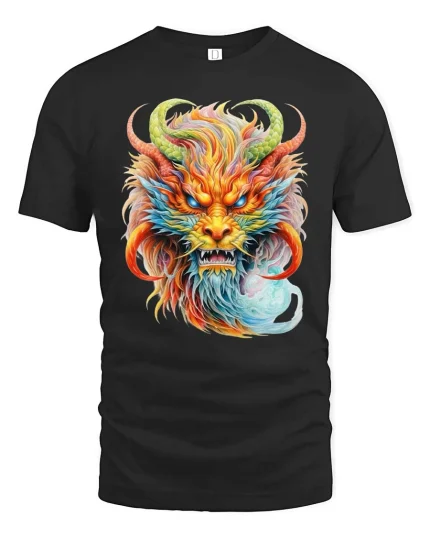 Mystic Rainbow Dragon Head Graphic Fantasy Art T Shirt - black t-shirt on white background