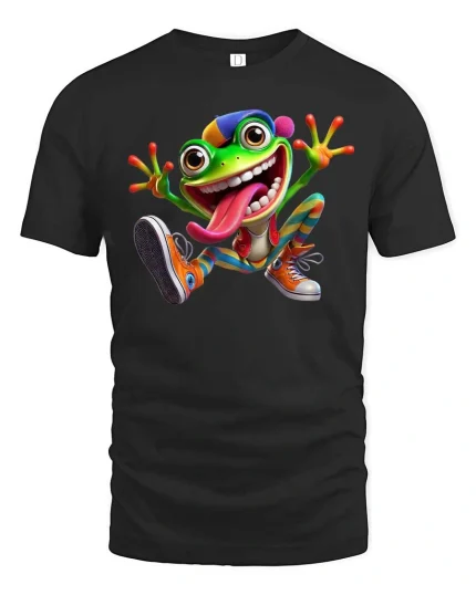 Playful Crazy Frog Cartoon Humor Graphic Tee - black t-shirt on white background