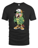 Funny Street Style Parrot Cartoon Cool Bird Graphic T Shirt - black t-shirt on white background