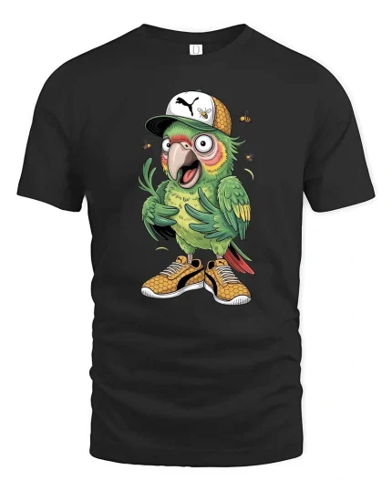 Funny Street Style Parrot Cartoon Cool Bird Graphic T Shirt - black t-shirt on white background