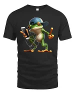 Cool Frog Listening Music Funny Cartoon Graphic T Shirt - black t-shirt on white background