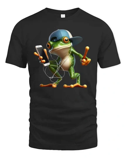 Cool Frog Listening Music Funny Cartoon Graphic T Shirt - black t-shirt on white background