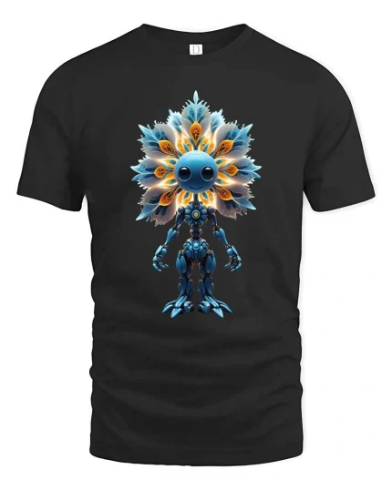 Cute Cosmic Flower Robot Sci Fi Graphic T Shirt - black t-shirt on white background
