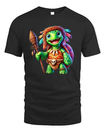 Cute Tribal Turtle Warrior Cartoon Graphic T Shirt - black t-shirt on white background