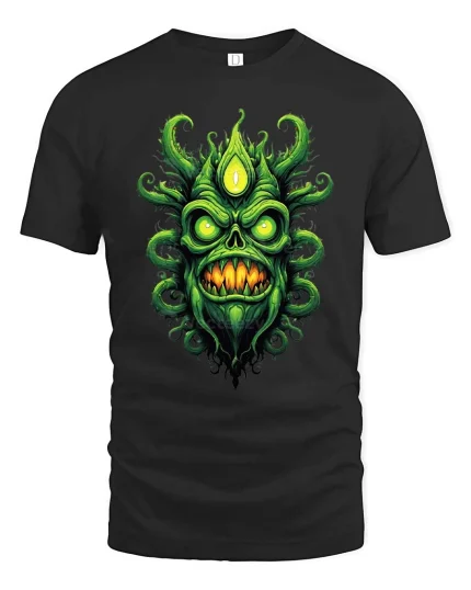 Green Eldritch Skull Monster Dark Horror Graphic T Shirt - black t-shirt on white background