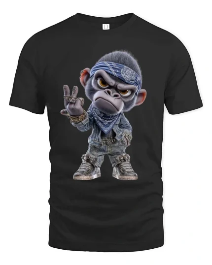 Cool Gangster Monkey Cartoon Street Style Graphic T Shirt - black t-shirt on white background