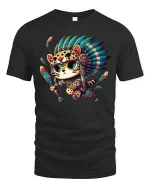 Cute Tribal Warrior Cat Cartoon Native Style Graphic T Shirt - black t-shirt on white background