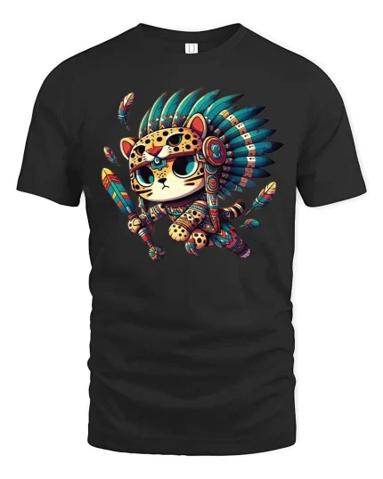Cute Tribal Warrior Cat Cartoon Native Style Graphic T Shirt - black t-shirt on white background
