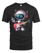 Cute Guitar Playing Robot Cartoon Music Lover Graphic T Shirt - black t-shirt on white background