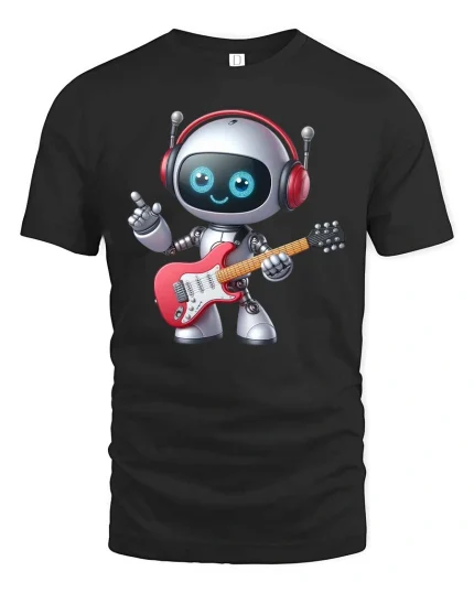 Cute Guitar Playing Robot Cartoon Music Lover Graphic T Shirt - black t-shirt on white background