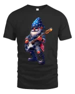 Rocking Music Gnome Cartoon Bass Guitar Graphic Tee - black t-shirt on white background