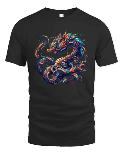 Vibrant Mythical Dragon Fantasy Art Graphic T Shirt - black t-shirt on white background