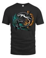 Epic Shark vs Dragon Battle Fantasy Creature Graphic T Shirt - black t-shirt on white background