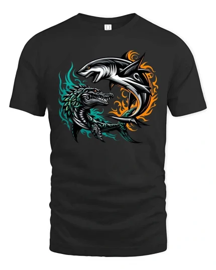 Epic Shark vs Dragon Battle Fantasy Creature Graphic T Shirt - black t-shirt on white background