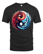 Dragon and Phoenix Yin Yang Mythical Fantasy Graphic T Shirt - black t-shirt on white background