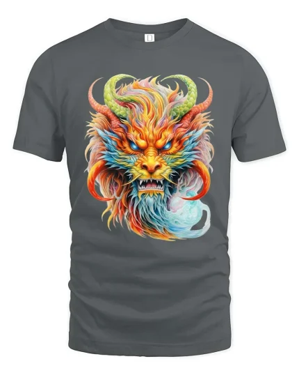 Mystic Rainbow Dragon Head Graphic Fantasy Art T Shirt - gray t-shirt on white background