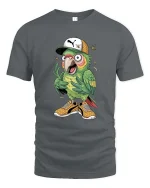 Funny Street Style Parrot Cartoon Cool Bird Graphic T Shirt - gray t-shirt on white background
