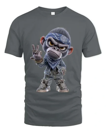 Cool Gangster Monkey Cartoon Street Style Graphic T Shirt - gray t-shirt on white background