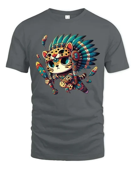 Cute Tribal Warrior Cat Cartoon Native Style Graphic T Shirt - gray t-shirt on white background