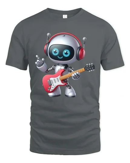 Cute Guitar Playing Robot Cartoon Music Lover Graphic T Shirt - gray t-shirt on white background