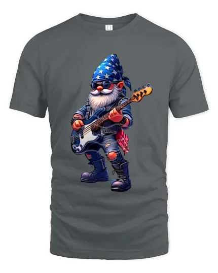 Rocking Music Gnome Cartoon Bass Guitar Graphic Tee - gray t-shirt on white background