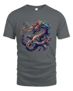 Vibrant Mythical Dragon Fantasy Art Graphic T Shirt - gray t-shirt on white background