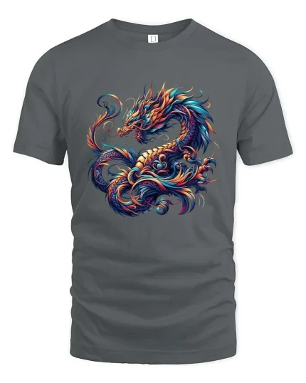 Vibrant Mythical Dragon Fantasy Art Graphic T Shirt - gray t-shirt on white background