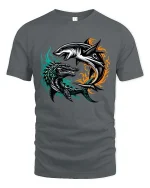Epic Shark vs Dragon Battle Fantasy Creature Graphic T Shirt - gray t-shirt on white background