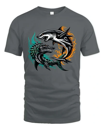 Epic Shark vs Dragon Battle Fantasy Creature Graphic T Shirt - gray t-shirt on white background