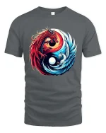 Dragon and Phoenix Yin Yang Mythical Fantasy Graphic T Shirt - gray t-shirt on white background