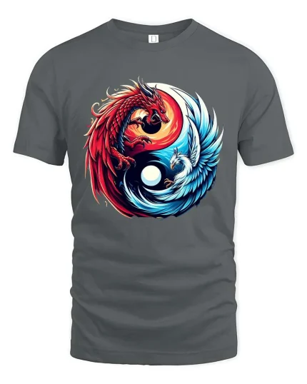 Dragon and Phoenix Yin Yang Mythical Fantasy Graphic T Shirt - gray t-shirt on white background