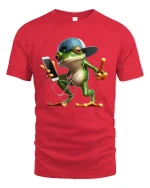 Cool Frog Listening Music Funny Cartoon Graphic T Shirt - red t-shirt on white background