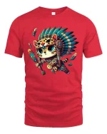 Cute Tribal Warrior Cat Cartoon Native Style Graphic T Shirt - red t-shirt on white background