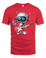 Cute Guitar Playing Robot Cartoon Music Lover Graphic T Shirt - red t-shirt on white background