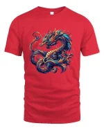 Vibrant Mythical Dragon Fantasy Art Graphic T Shirt - red t-shirt on white background