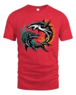 Epic Shark vs Dragon Battle Fantasy Creature Graphic T Shirt - red t-shirt on white background