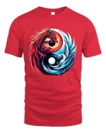 Dragon and Phoenix Yin Yang Mythical Fantasy Graphic T Shirt - red t-shirt on white background