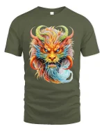 Mystic Rainbow Dragon Head Graphic Fantasy Art T Shirt - military green t-shirt on white background