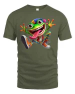 Playful Crazy Frog Cartoon Humor Graphic Tee - military green t-shirt on white background