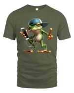 Cool Frog Listening Music Funny Cartoon Graphic T Shirt - military green t-shirt on white background