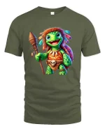 Cute Tribal Turtle Warrior Cartoon Graphic T Shirt - military green t-shirt on white background