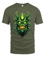 Green Eldritch Skull Monster Dark Horror Graphic T Shirt - military green t-shirt on white background