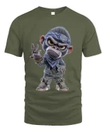 Cool Gangster Monkey Cartoon Street Style Graphic T Shirt - military green t-shirt on white background