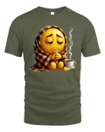 Sick Emoji Wrapped In Blanket Funny Graphic T Shirt - military green t-shirt on white background