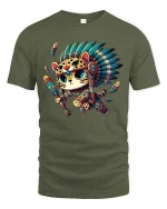 Cute Tribal Warrior Cat Cartoon Native Style Graphic T Shirt - military green t-shirt on white background